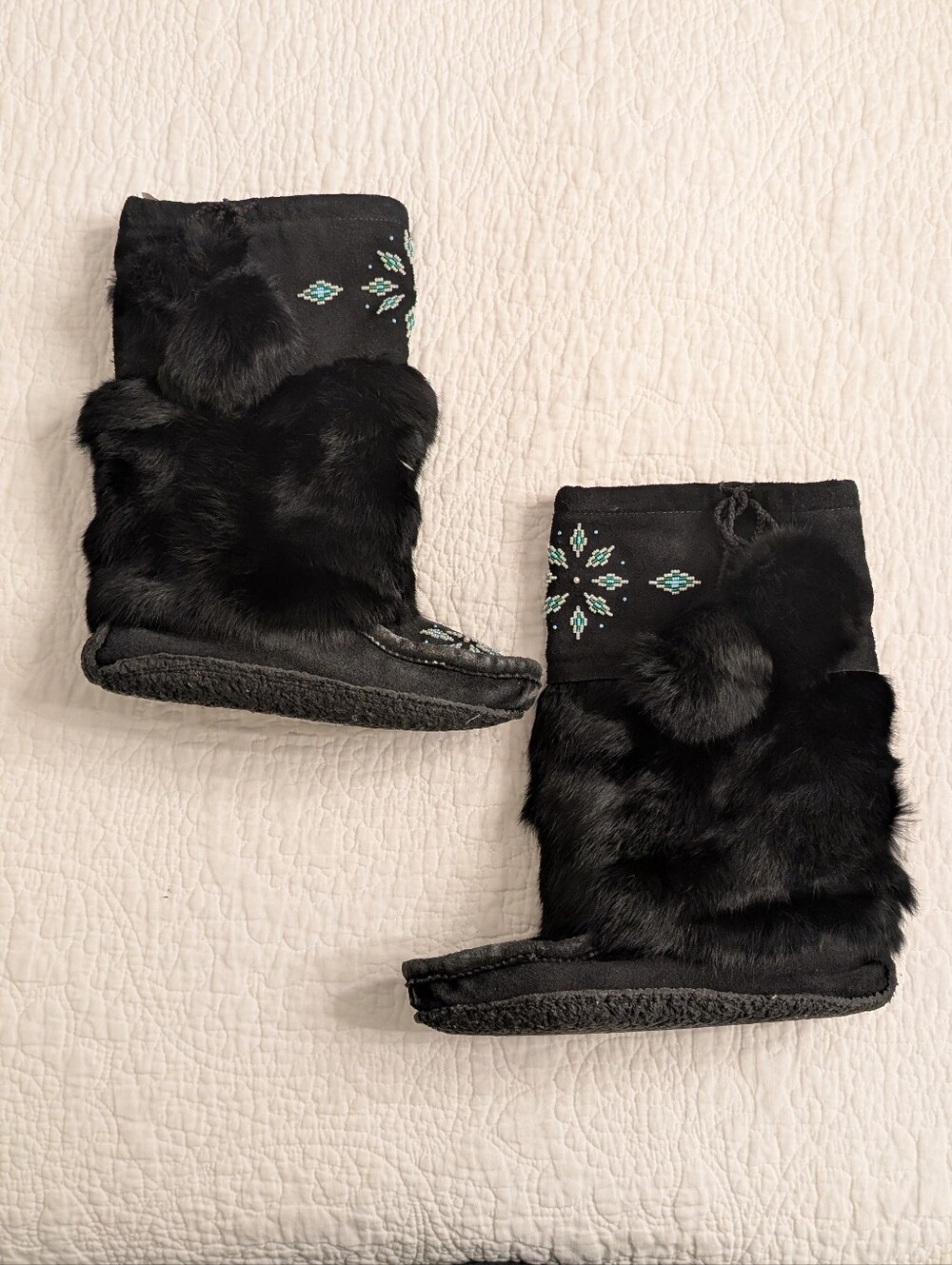 Hummingbird Mukluks | Black Real Fur Winter Boots with Teal Beading